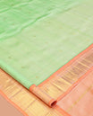 Green Zari Buttas Kanchipuram Silk Saree, Complemented by a Contrast Border of Panner Sombu, Muthu, Banaras, and Jaal Design, Pallu of Zari Design, and No Blouse