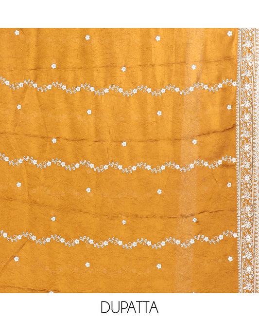 Mustard Vichitra crush material chudidar set, thread & bead floral embroidery top, plain santoon bottom & floral thread embroidery dupatta