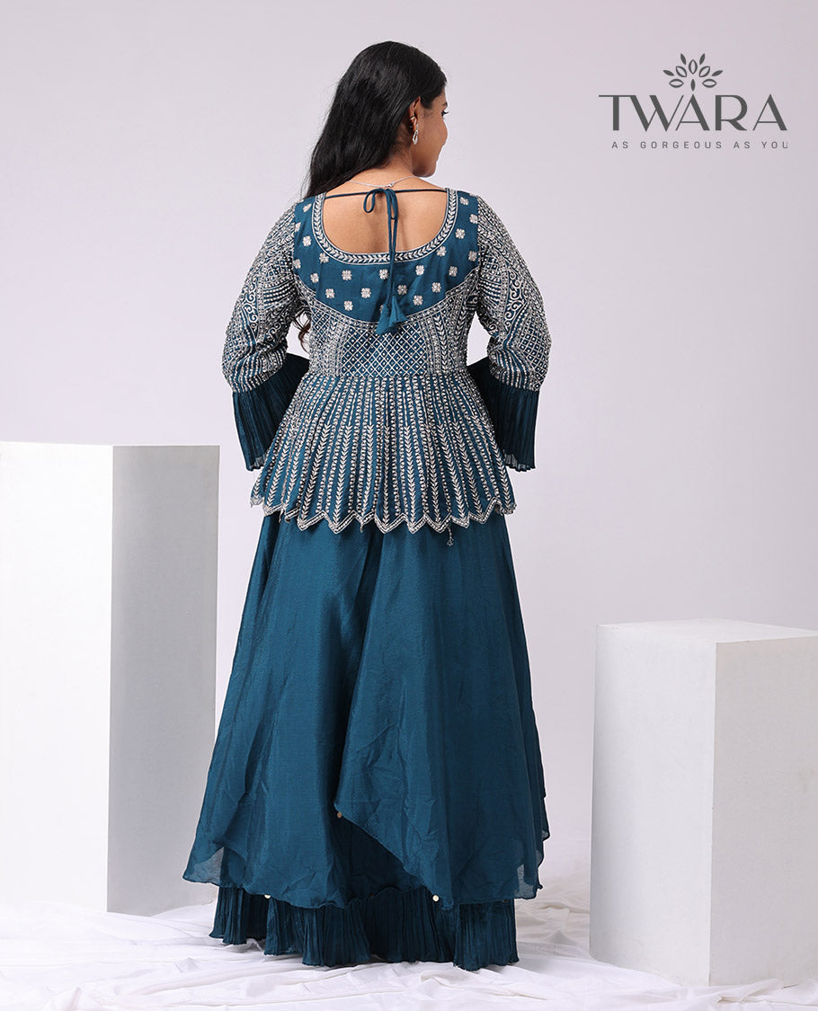 Twara blue intricate floral embroidered round neck, 3/4 th sleeve short top with plain skirt & plain dupatta