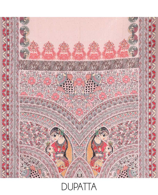 Peacock blue material chudidar set, Madhubani theme printed with French Knot embroidered and mirror work Vertican silk top, contrast rayon bottom, and Madhubani printed dupatta