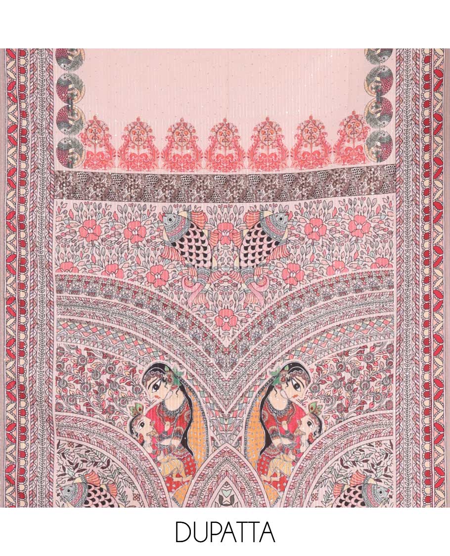 Peacock blue material chudidar set, Madhubani theme printed with French Knot embroidered and mirror work Vertican silk top, contrast rayon bottom, and Madhubani printed dupatta