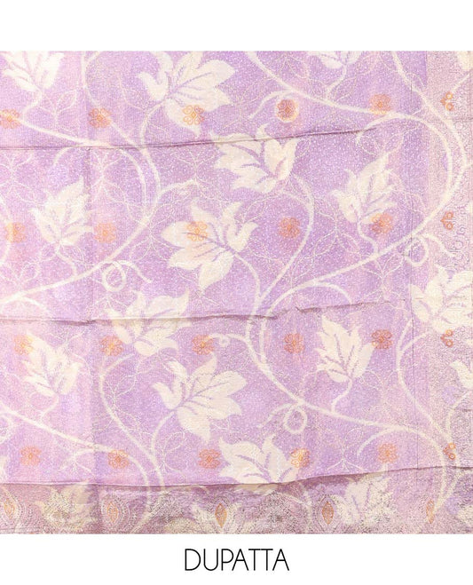 Lavender material chudidhar set, floral print & embroidered top, plain bottom & floral print dupatta