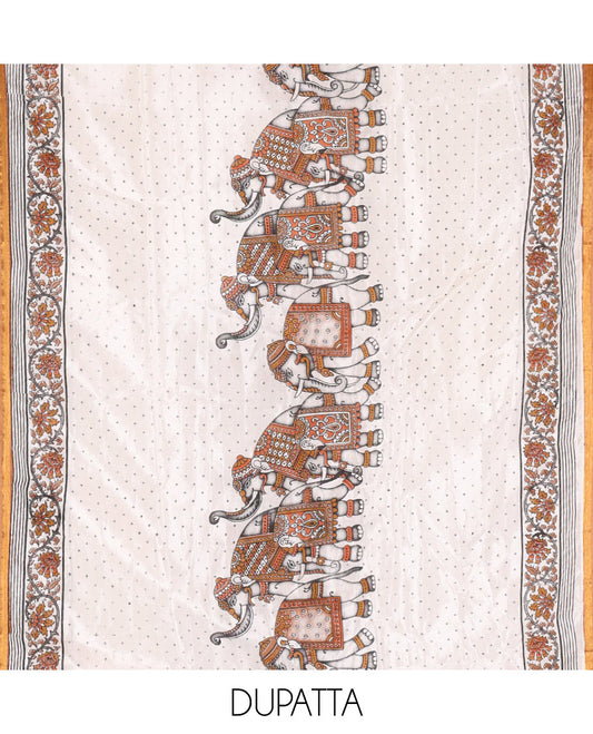 Mustard Material Churidar Set, Accentuated with Zari Checked Semi-Silk Top, Comes with a Contrast Plain Soft Cotton Bottom, and a Contrast Semi-Silk Dupatta, Pictures a Herd of Elephants