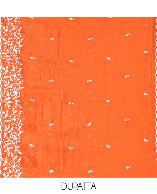 Rust Mul Chanderi Material Chudidar Set, Delicately Woven with Floral Embroidery on Its Top, a Plain Santoon Bottom, and Paired with a Floral Embroidered Scallop Dupatta