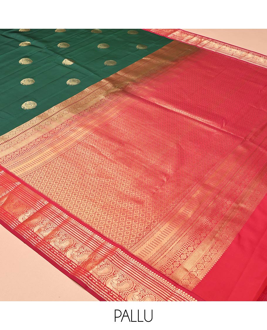 Green Vasundhara Lite Silk Mix Saree, Adorned with Mayil Buttas, a Contrast Border of Thilakam Mokku, Banaras, Kathir, and Mayil Designs, Jaal Pallu, and a Contrast Blouse