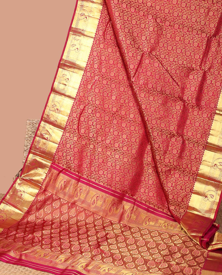 Red floral jacquard kancheepuram silk aree with self intricate zari border & floral zari design pallu