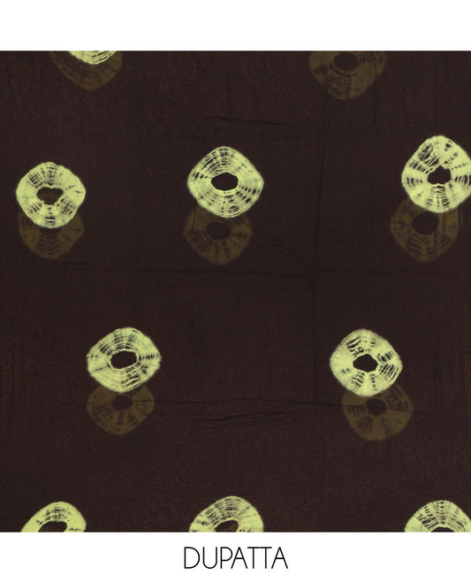 Black and green viscose georgette material churidar set, big bandhani dots printed top, plain bottom, and big bandhani dots printed dupatta