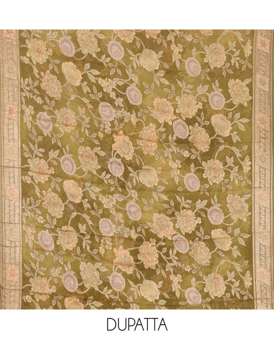 Parrot green material chudidar set, plain with neck work vichitra silk top, cotton bottom & baraso floral printed dupatta