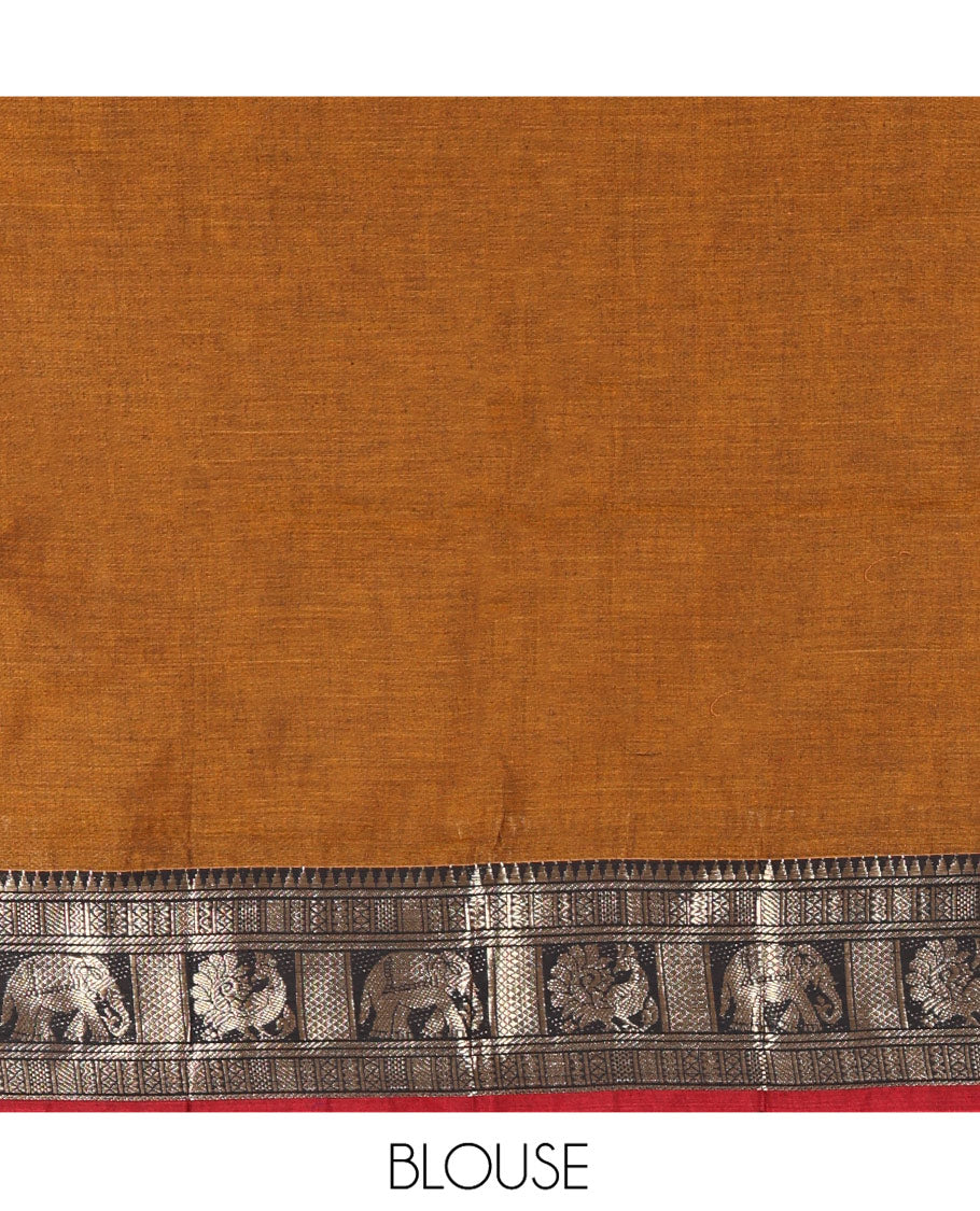 Mustard-Red Mercerised Cotton Half-Saree Features Plain with Contrast Traditional Zari Bordered Skirt, Paired with a Matching Blouse, and Comes with a Contrast Bordered Dhavani