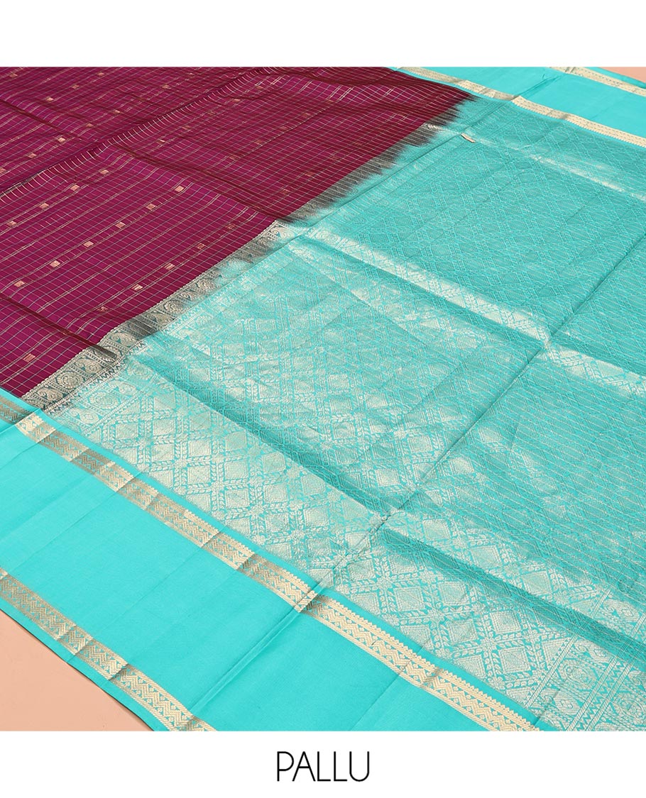 Magenta-Sapphire Blue Vasundhara Silk Saree Features Zari Butta and Checks, Contrast Rettai Pettu Border, Jaal Pallu, and a Contrast Blouse