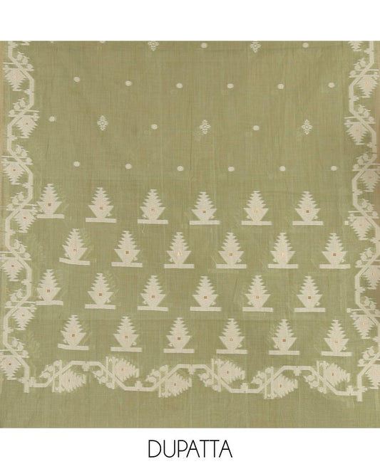 Cream with pista green semi-chanderi material churidar set, floral jaal jacquard top, contrast taffeta silk bottom, and jamdani style dupatta