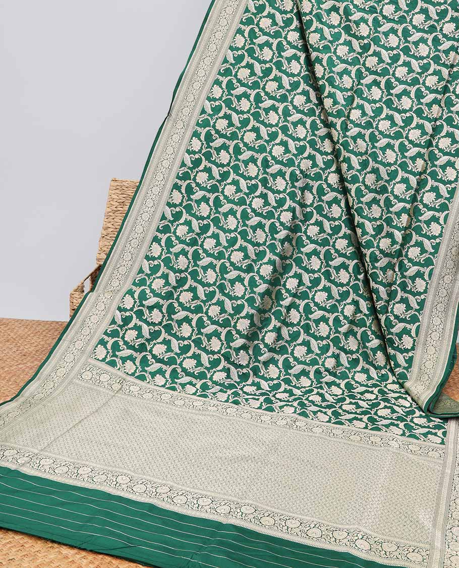 Green floral jacquard banaras silk saree with self intricate zari border & argyle pattern pallu