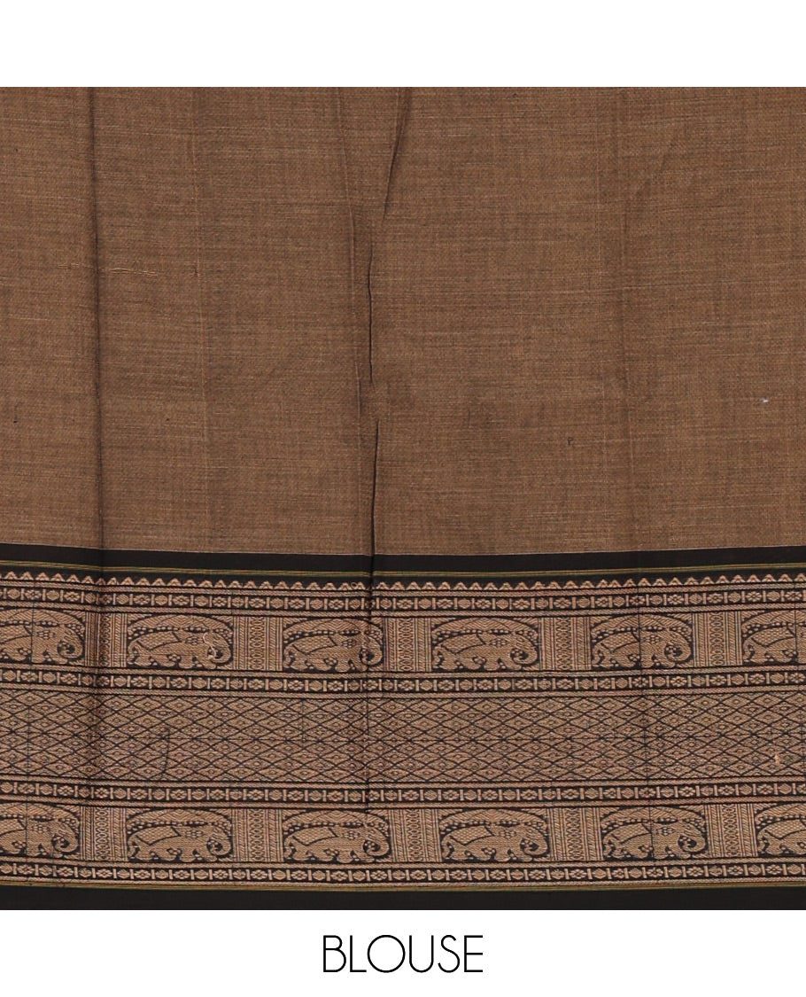 Brown with balck cotton half saree with contrast elephant design border,elephant design blouse & zari design border dhavani