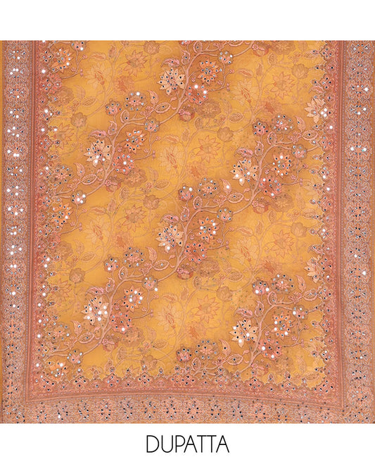 Mustard Material Chudidar Set Adorned with Floral Vine with Mirror Work Organza Top, Subtly Made Plain Santoon Bottom, and Organza Dupatta Featuring Floral Vine Print and Mirror Work