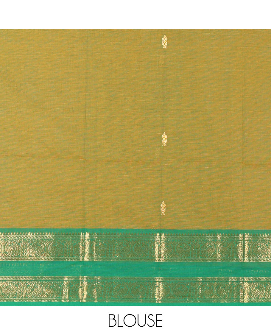 Mehendi Green and Green Chettinad Cotton Half-Saree Featuring Buttas Woven Skirt, Highlighted with a Contrast Rettai Pettu Peacock Motifs Woven Zari Border, a Subtly Woven Matching Blouse, and a Vichitra Silk Contrast Traditional Zari-Bordered Dhavani