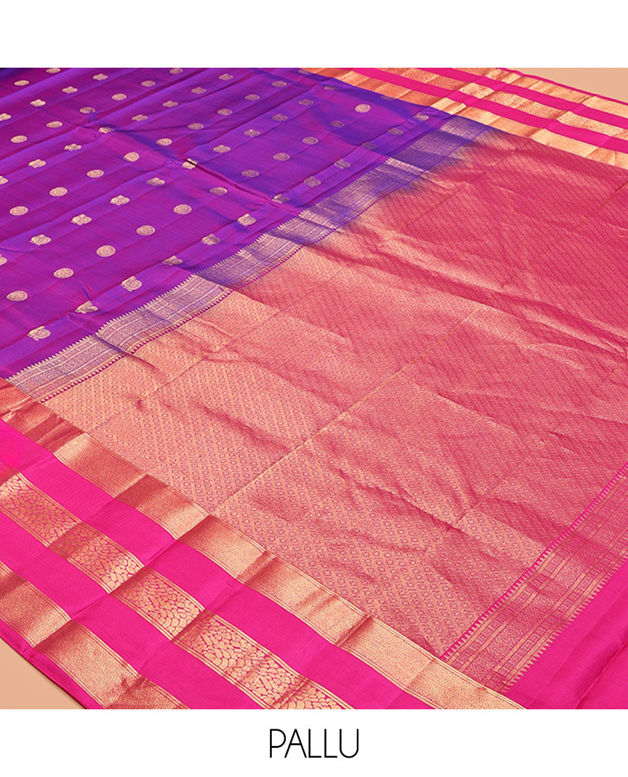 Purple Vasundhara Silk Saree, Adorned with Mayil and Chakram Buttas, Complemented by Contrast Varisai Pettu Border, Grand Jaal Pallu, and a Contrast Blouse