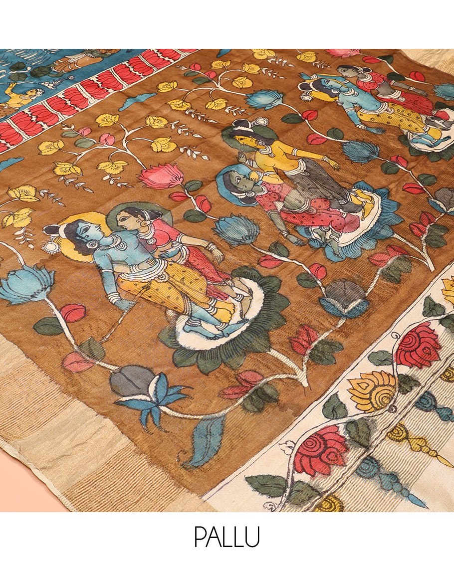 Blue Village-Themed Pen Kalamkari Silk Saree, Adorned with a Contrast Border, and a Contrast Blouse