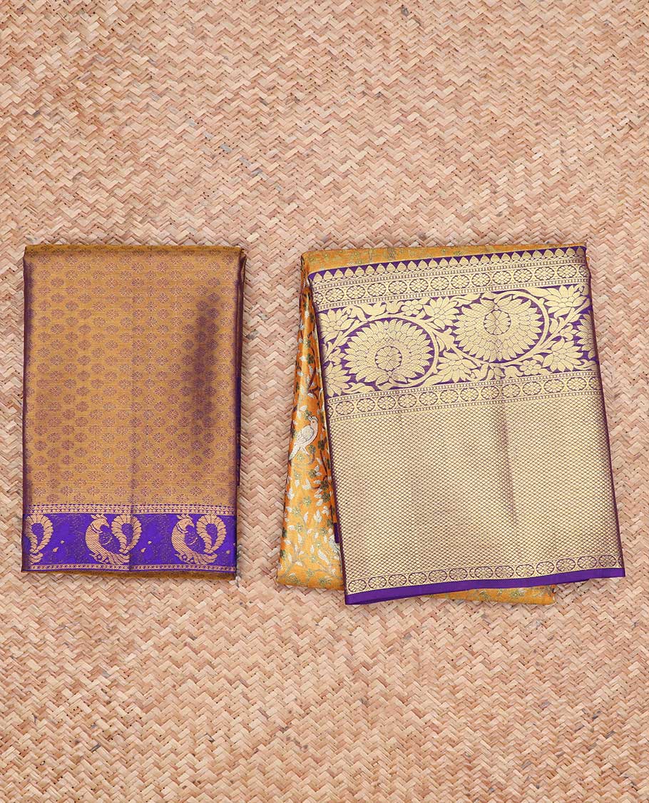 Brown floal jacquard pure silk half saree with contrast floral border , zari design blouse & intricate zari design dhavani