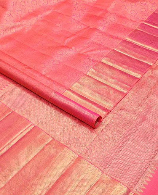 Pink floral design silk saree with self border of thilakam mokku, mayil kann design & zari design pallu