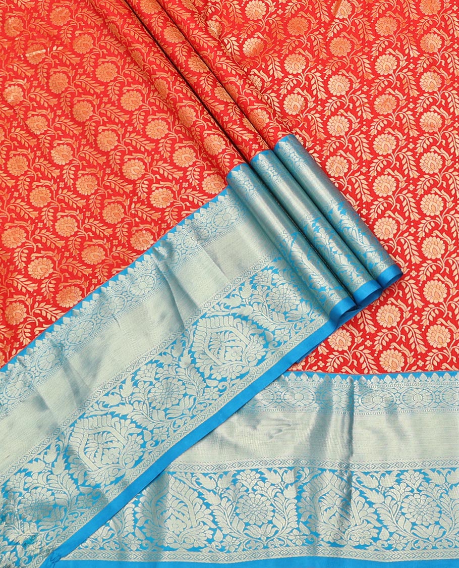 Red Art Silk Material Half Saree Set Featuring Jacquard Skirt, a Contrast Traditional Zari Design Border, Contrast Blouse, and Zari Designs Dhavani