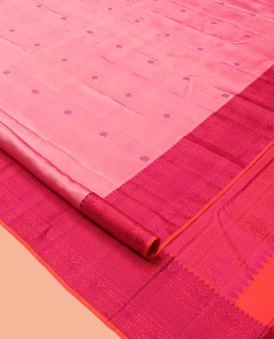 Pink Kanchipuram Silk Saree, Delicately Woven with Mayil-Chakram Buttas, a Contrast Border of Thilakam Mokku, Iruthalai Pakshi, and Kuyil Kann, Jaal Pallu, and a Contrast Blouse