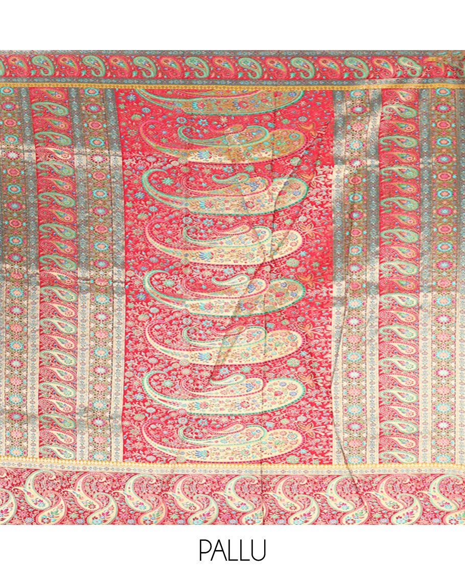 Mustard Dola Silk Saree, Elegantly Printed with Colorful Floral-Paisley Vine Design on Its Body, Complemented by Contrast Paisley Design Border, Pallu of Paisleys, and Paired with a Contrast Blouse
