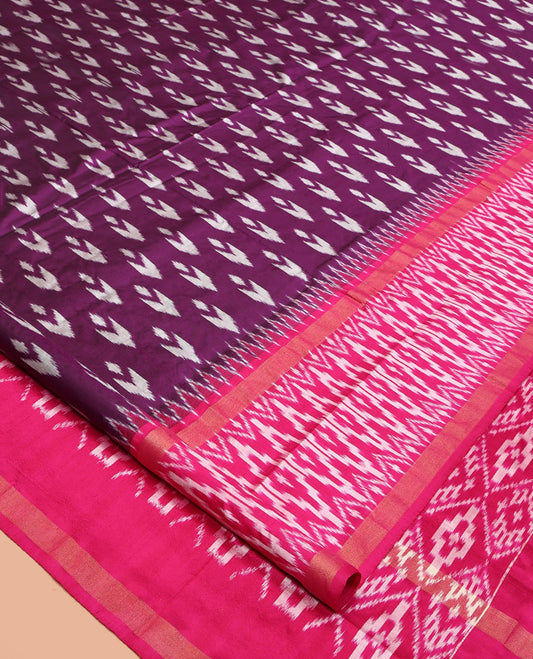 Purple Pochampally Ikat Silk Saree, Adorned with Buttas All Over Its Body, Complemented by a Contrast Temple Border of Geometric Patterns, Ikat-Style Jaal Pallu, and Paired with a Contrast Blouse