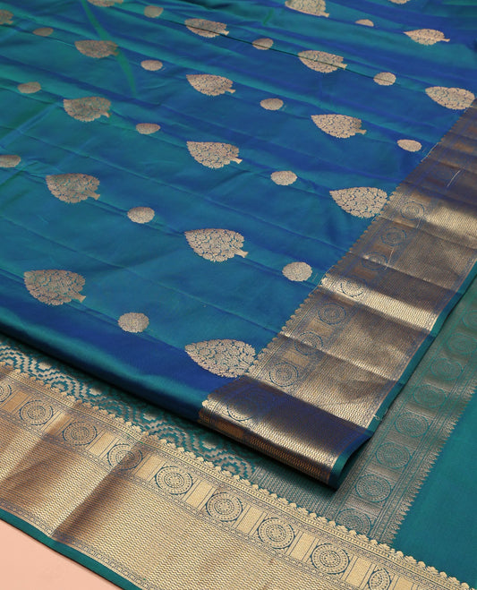Blue Vasundhara Lite Silk Mix Saree, Elevated with Zari Buttas All Over Its Body, Highlighted by Zari Border of Chakram and Vanki Designs, Grandly Zari Woven Pallu and Paired with a Matching Blouse