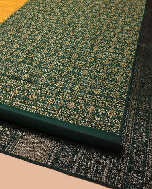 Orange and Green Half-And-Half-Style Kanchipuram Designer Silk Saree, Adorned with Zari Designs All Over Its Body and Border, Pallu Mirrors the Same Intricate Design Weave, and Is Paired with a Contrast Blouse