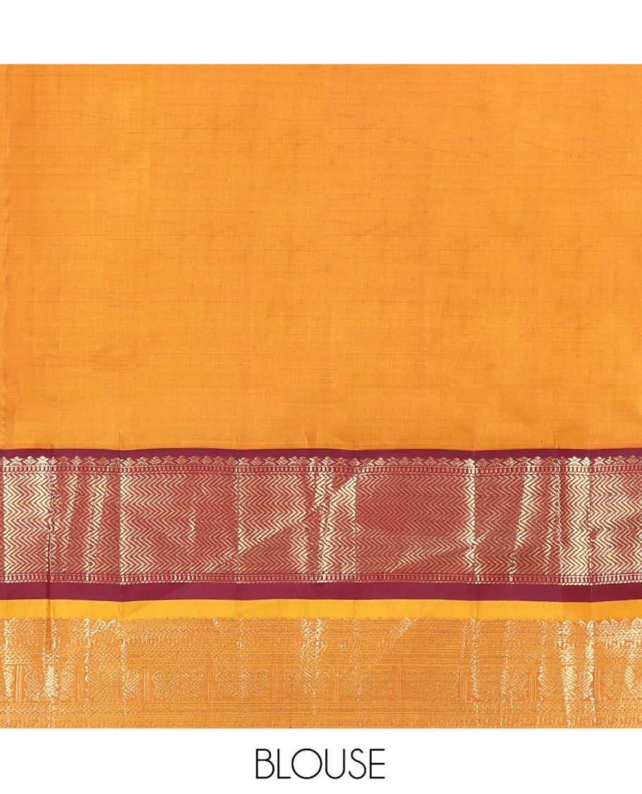 Blue Plain Kanchipuram Silk Saree, Complemented by a Contrast Border of Muthu, Vanki, Rekku, Neli, and Iruthalai Pakshi Designs, Gleaming Jaal Pallu, and Paired with a Contrast Blouse