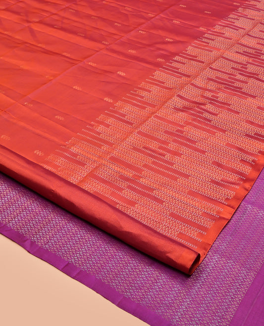 Rust Mayuri Soft Silk Saree, Subtly Eriched with Buttas All Over Its Body, Highlighted by Zari Geometric Patterned Border, Contrast Geometric Patterned Pallu, and Paired with a Contrast Blouse