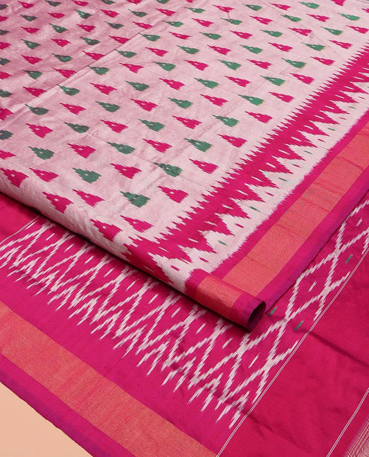 Grey Ikkat Silk Saree, Adorned with Temple Buttas All Over Its Body, Complemented by a Contrast Temple Border, Pallu of Butta Enclosed Jaal Designs, and Paired with a Contrast Blouse