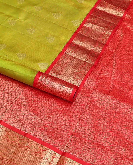 Green leaf buttas silk saree with contrast border of banaras, kathir, paun design & geometric design pallu