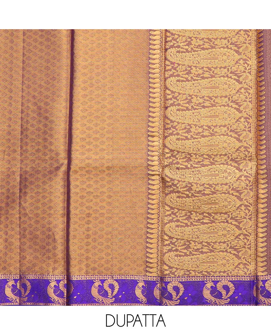 Brown floal jacquard pure silk half saree with contrast floral border , zari design blouse & intricate zari design dhavani