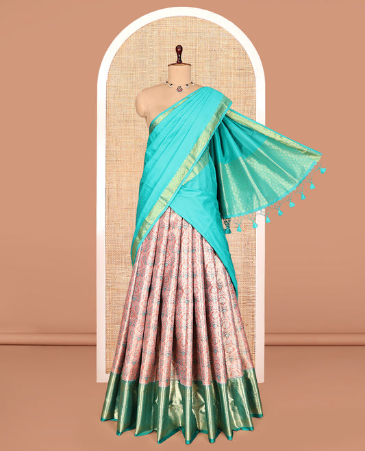 Peach Art Silk Half-Saree, Adorned with Jacquard Design, Contrast Traditional Zari Border, Paired with a Contrast Jacquard Blouse, and an Intricate Dhavani