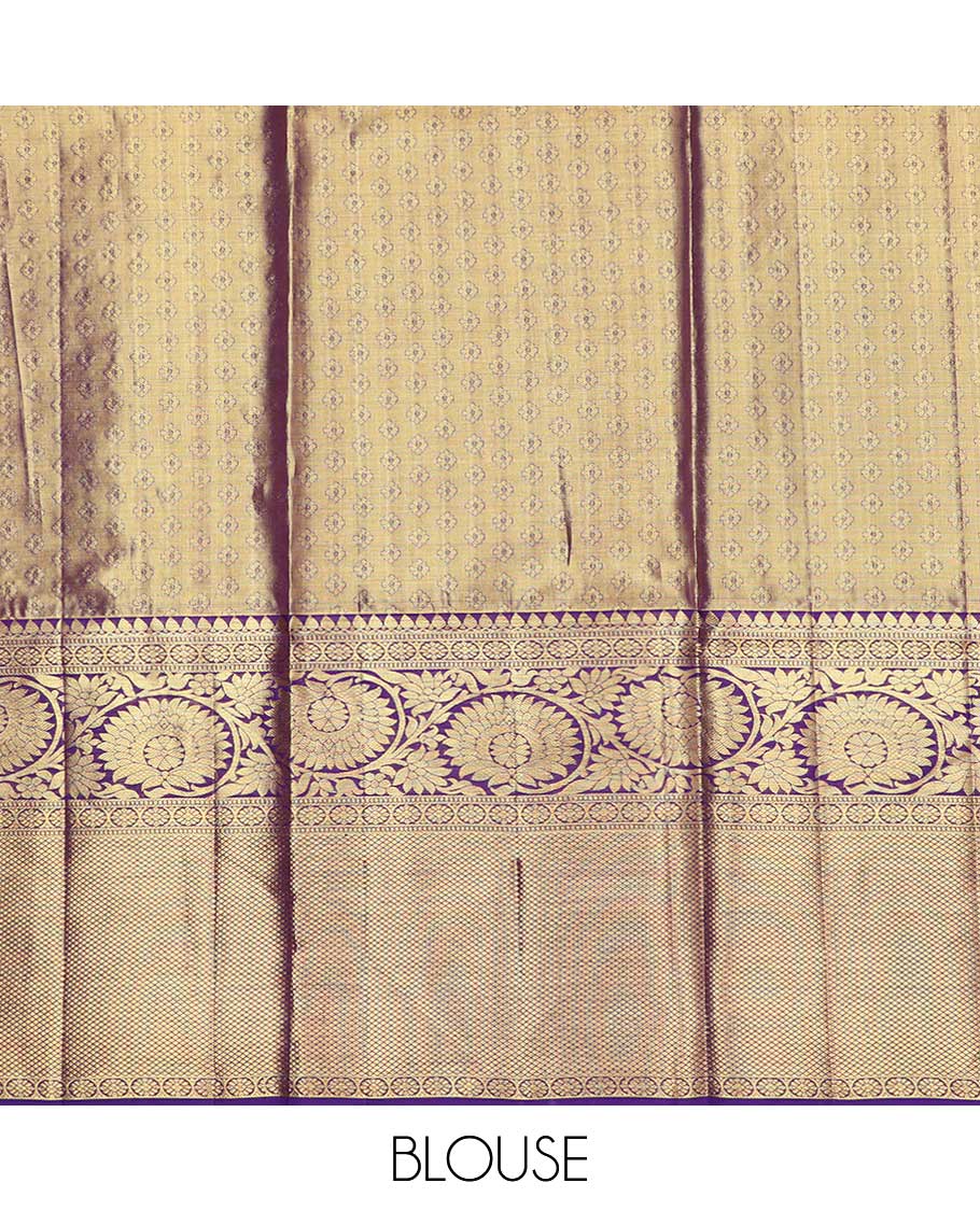 Brown floal jacquard pure silk half saree with contrast floral border , zari design blouse & intricate zari design dhavani