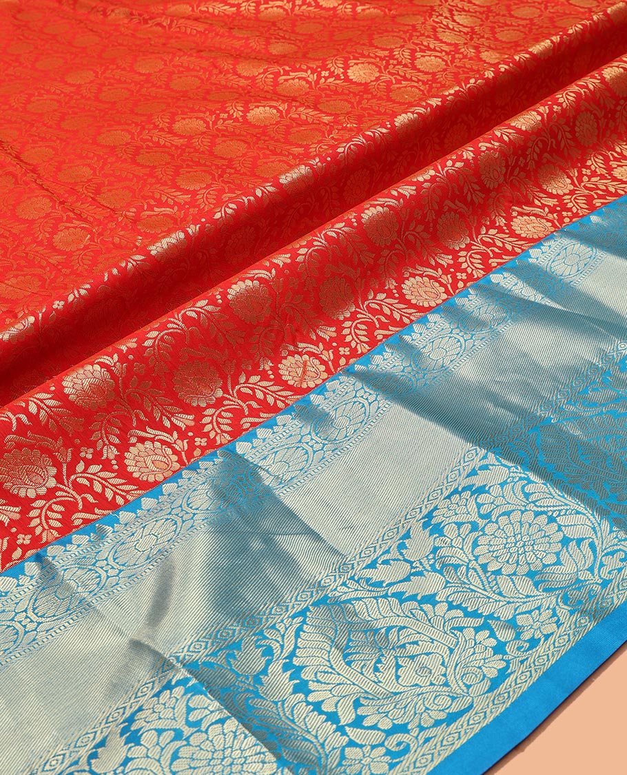 Red Art Silk Material Half Saree Set Featuring Jacquard Skirt, a Contrast Traditional Zari Design Border, Contrast Blouse, and Zari Designs Dhavani