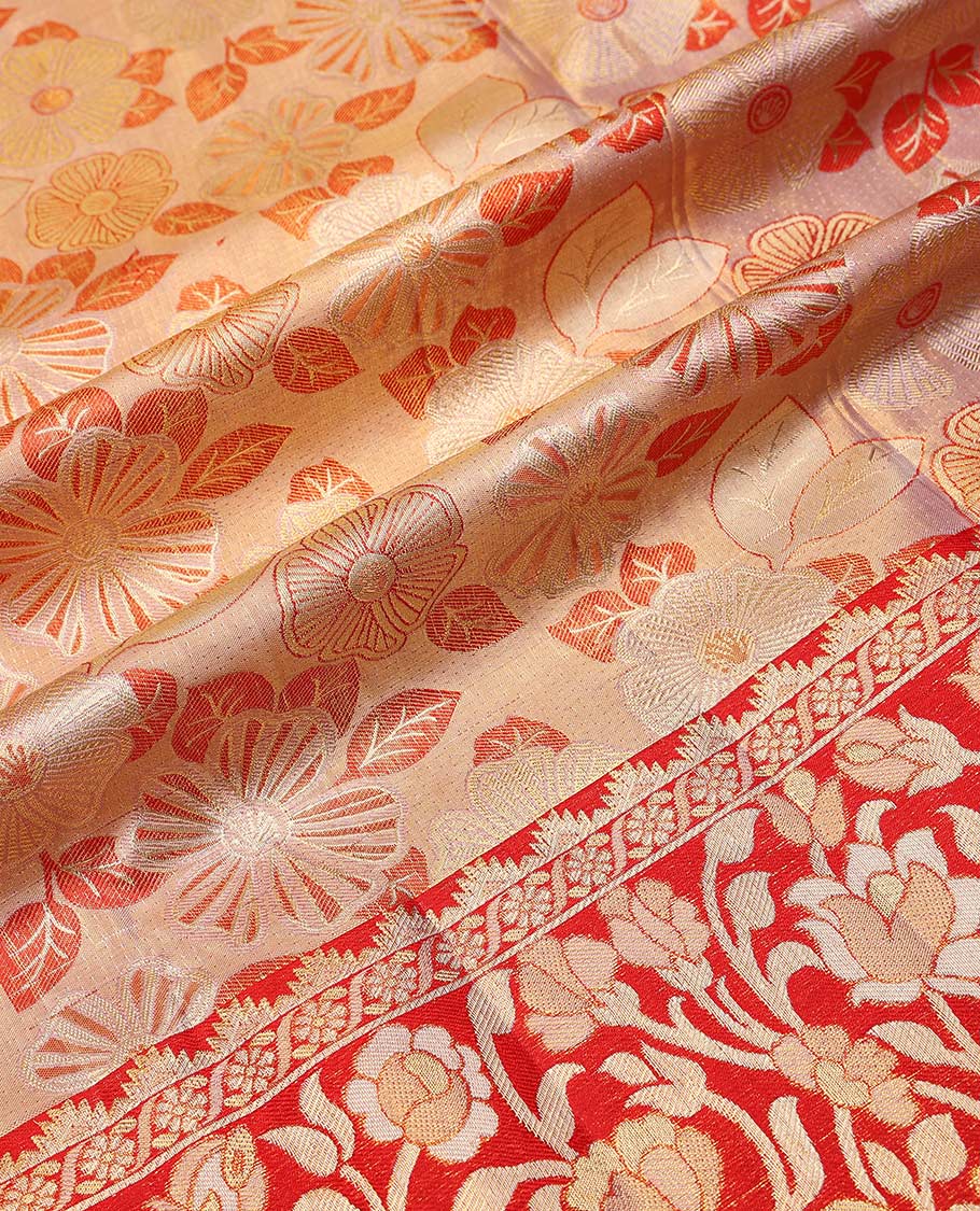 Light orange floral jacquard pure silk half saree with contrast floral zari design border, zari design blouse & floral zari design dhavani
