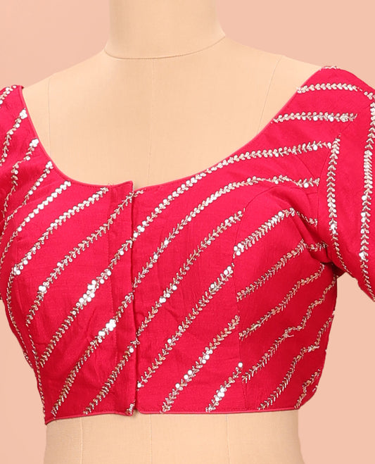 Red diagonal leaf vine sequins embroidered round neck with elbow sleeve blouse