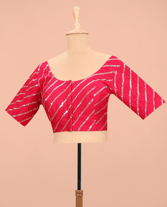 Red diagonal leaf vine sequins embroidered round neck with elbow sleeve blouse