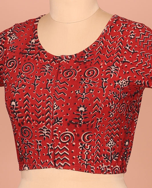 Red Cotton Readymade Blouse Adorned with All-Over Floral and Geometric Motifs Print, Featuring a Front Round-Neck, a Back Round Neck, and Elbow Sleeves