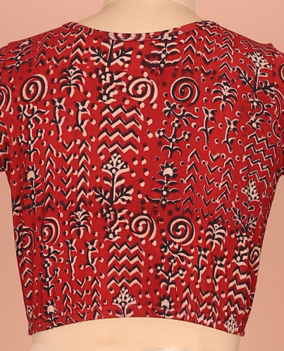 Red Cotton Readymade Blouse Adorned with All-Over Floral and Geometric Motifs Print, Featuring a Front Round-Neck, a Back Round Neck, and Elbow Sleeves