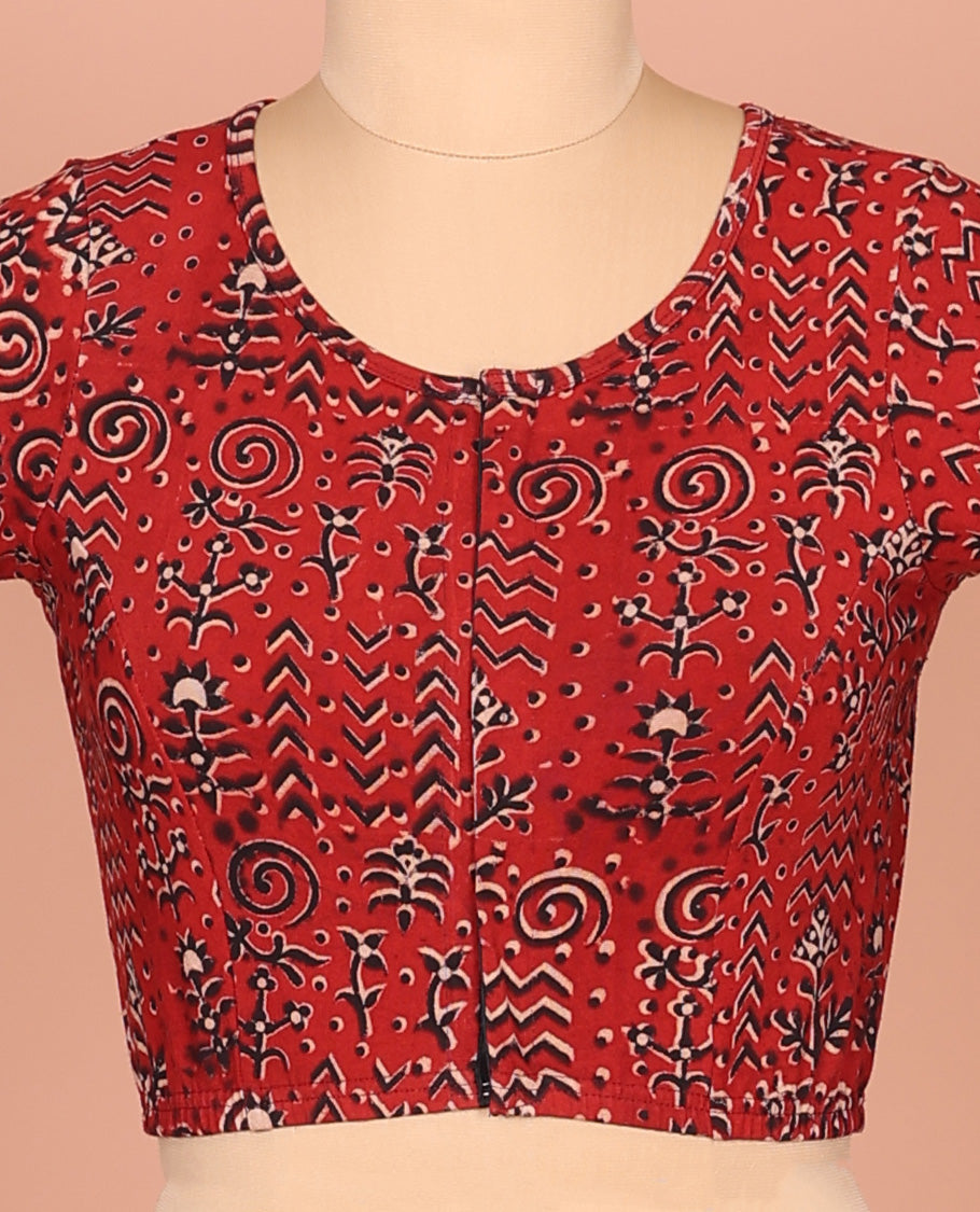 Red Cotton Readymade Blouse Adorned with All-Over Floral and Geometric Motifs Print, Featuring a Front Round-Neck, a Back Round Neck, and Elbow Sleeves