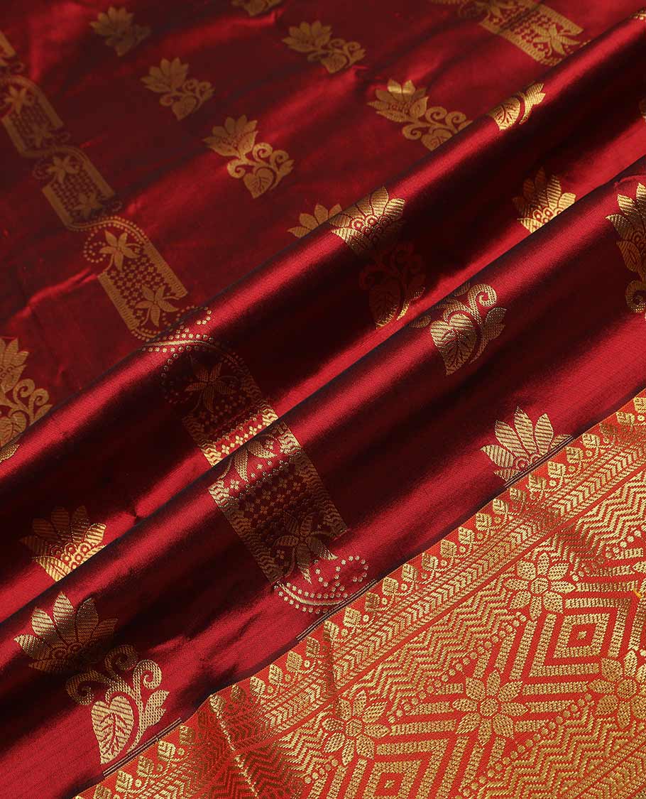 Maroon pure silk half saree, zari buttas skirt, contrast border and blouse of thilakam mokku, banaras, kathir, vanki, and mayil chakram design, and paiyaadi kattam dhavani