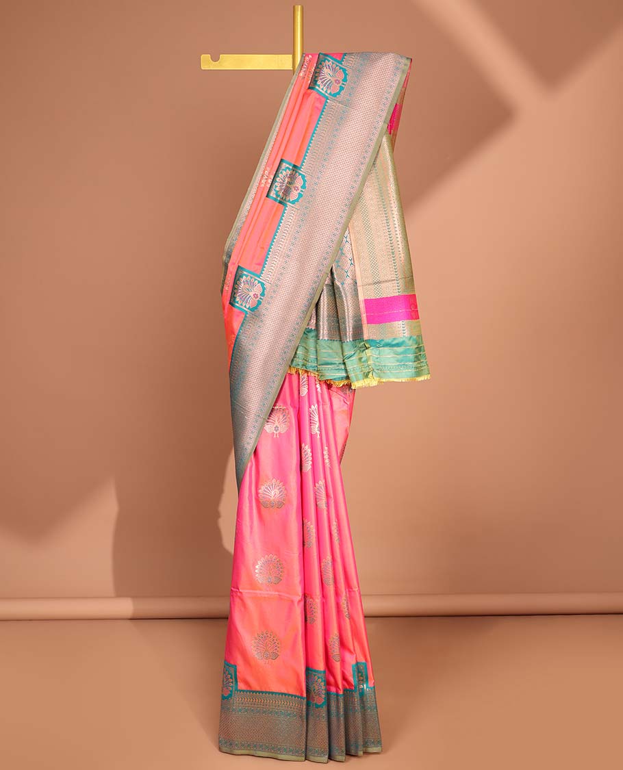 Pink peacock buttas malbari soft silk saree with contrast rich zari border & jacquard design pallu