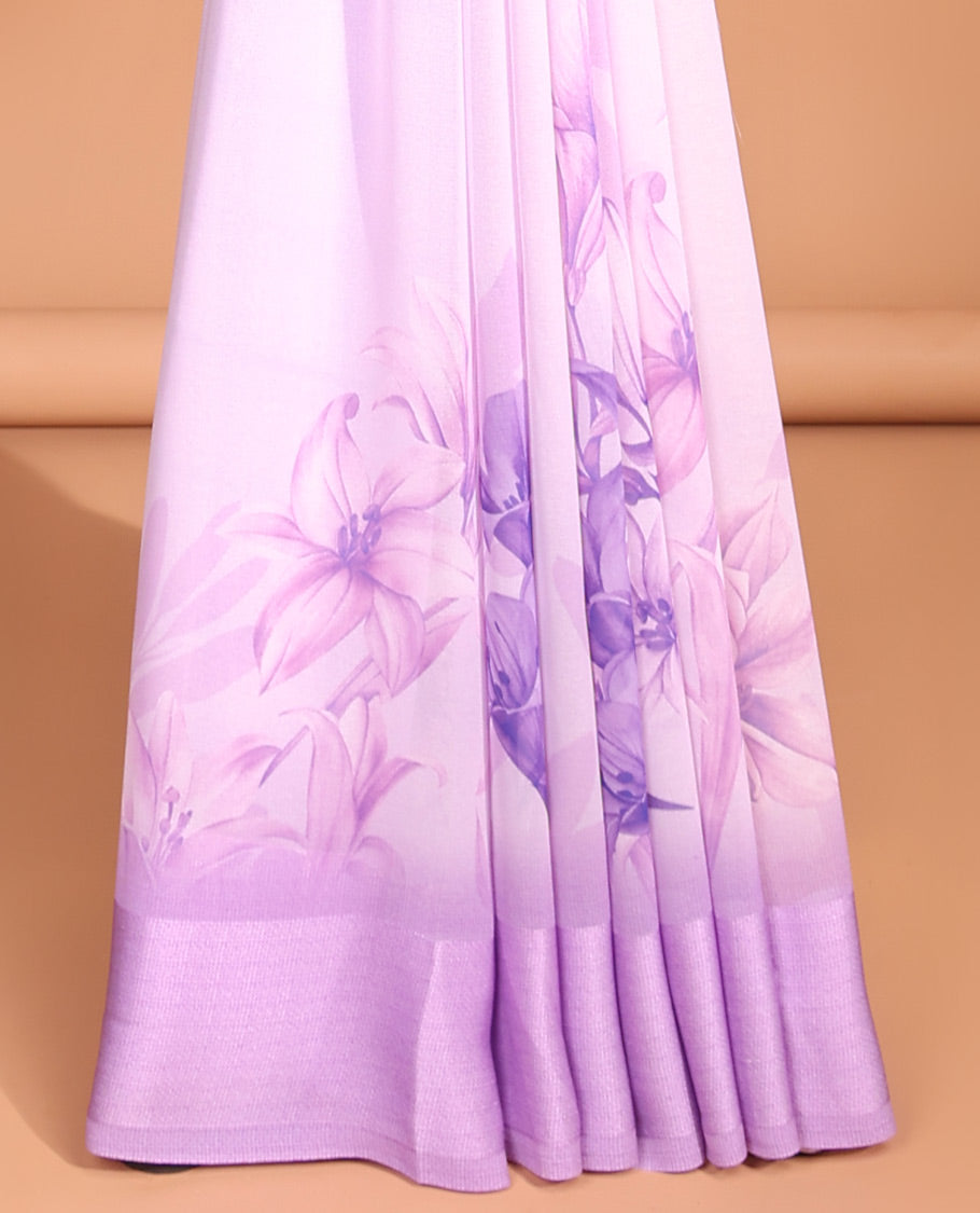 Lavender digital floral print georgette saree with satin border & self pallu