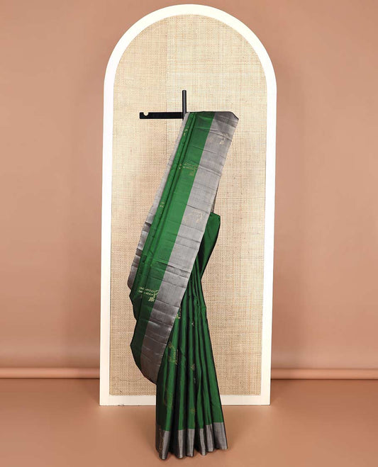 Green floral zari buttas silk mix saree, contrast floral zari design border & intricately designed pallu