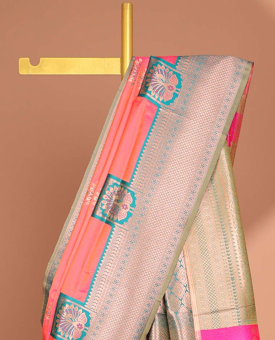 Pink peacock buttas malbari soft silk saree with contrast rich zari border & jacquard design pallu