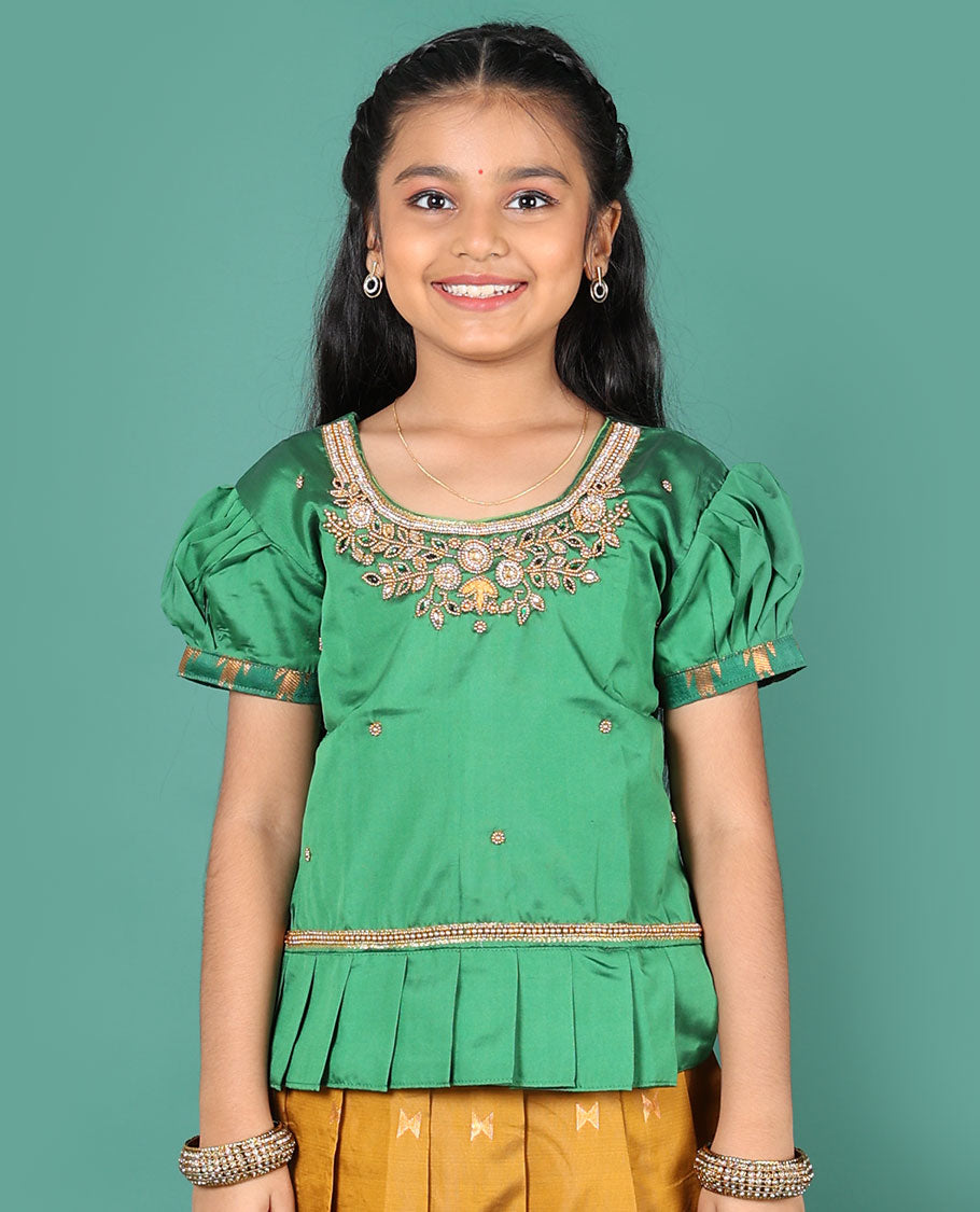 Mustard readymade art silk pavadai, zari buttas & contrast traditional zari border skirt & embroidered puff-sleeve round-neck blouse
