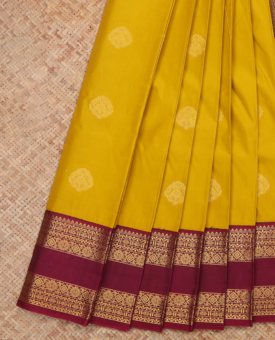 Lemon Yellow-Purple Zari Buttas Budget Silk Saree, a Contrast Traditional Rettai Pettu Border, Grand Pallu, a Contrast Blouse